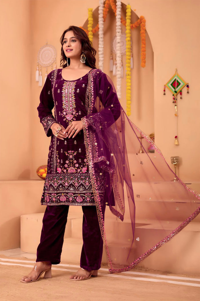 Dark Purple Velvet Floral Embroidered Kurta Set