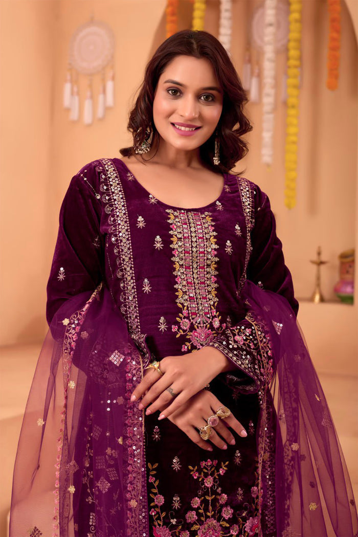 Dark Purple Velvet Floral Embroidered Kurta Set