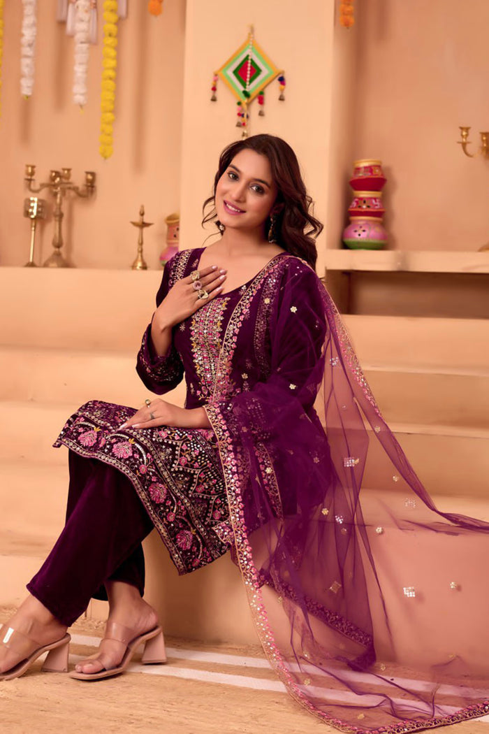 Dark Purple Velvet Floral Embroidered Kurta Set