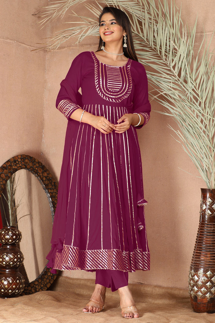 Dark Raspberry Rayon Gota Work Anarkali Set
