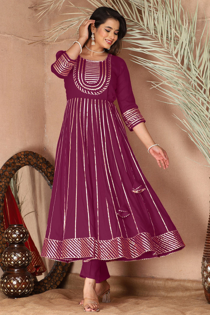 Dark Raspberry Rayon Gota Work Anarkali Set