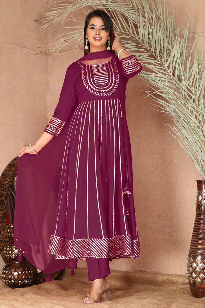 Dark Raspberry Rayon Gota Work Anarkali Set