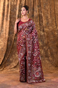 Dark Red Floral Embroidered Silk Blend Saree