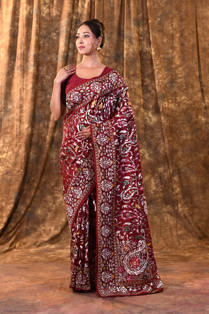 Dark Red Floral Embroidered Silk Blend Saree