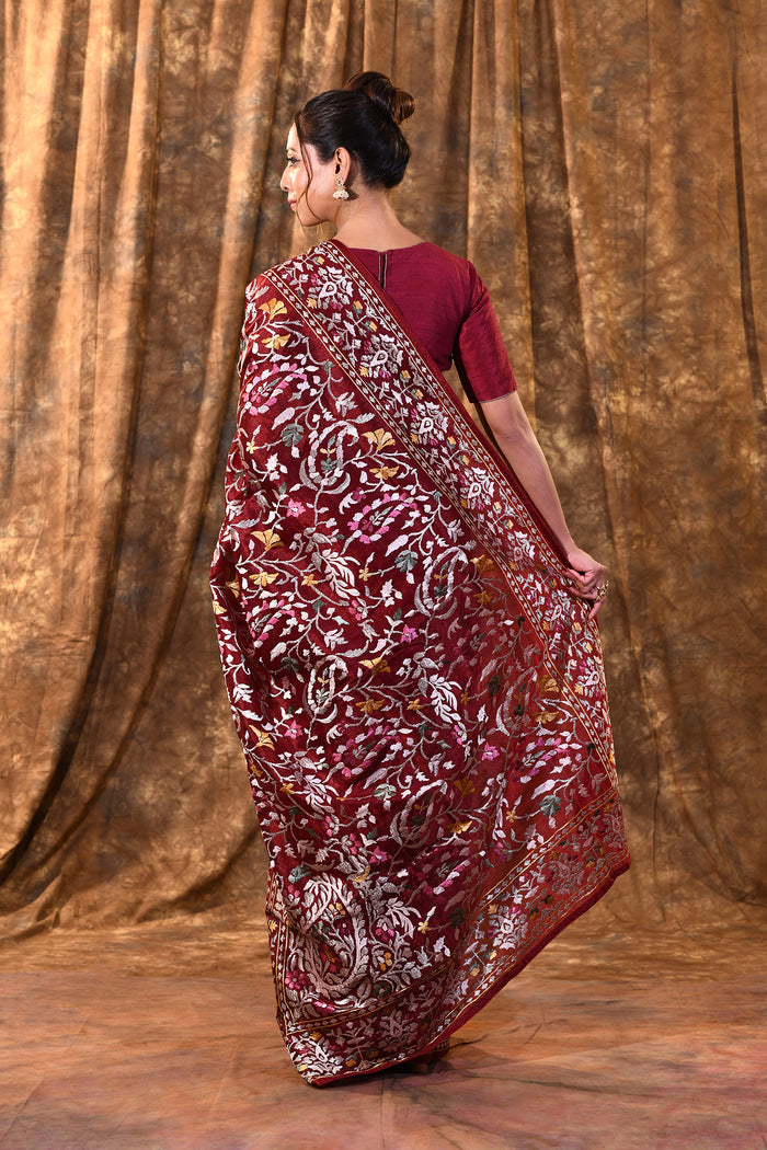 Dark Red Floral Embroidered Silk Blend Saree