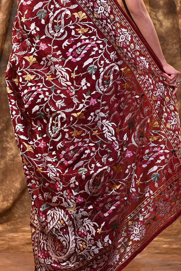 Dark Red Floral Embroidered Silk Blend Saree