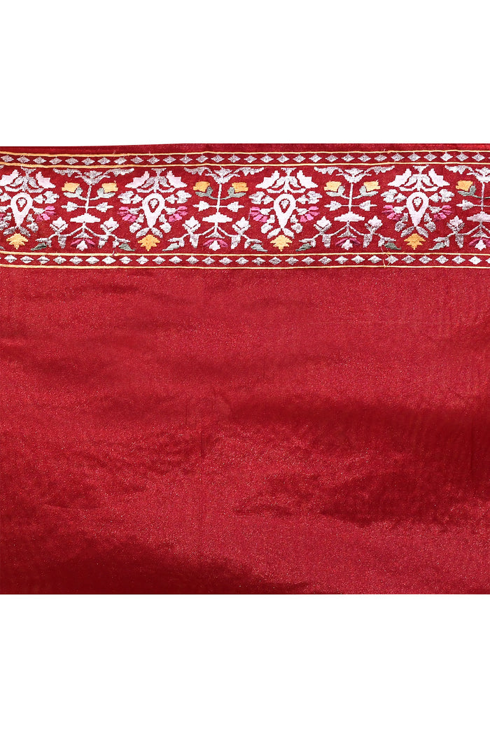 Dark Red Floral Embroidered Silk Blend Saree