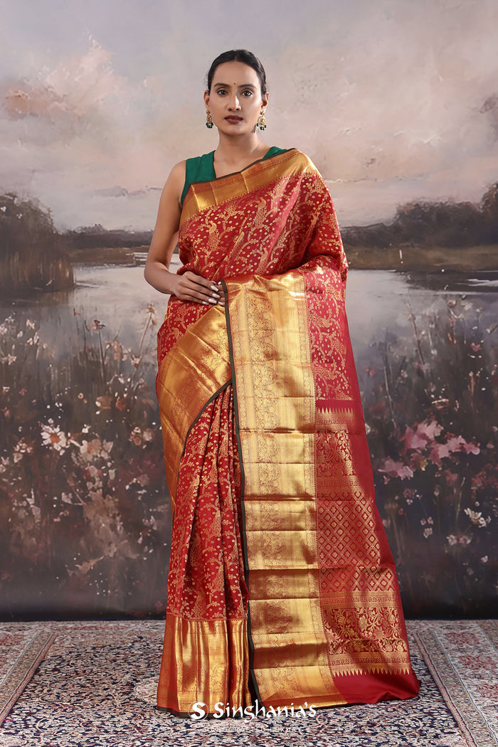 <img> Dark Red Kanjivaram Silk Saree With Peacock Motifs