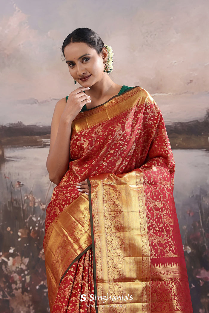 <img> Dark Red Kanjivaram Silk Saree With Peacock Motifs
