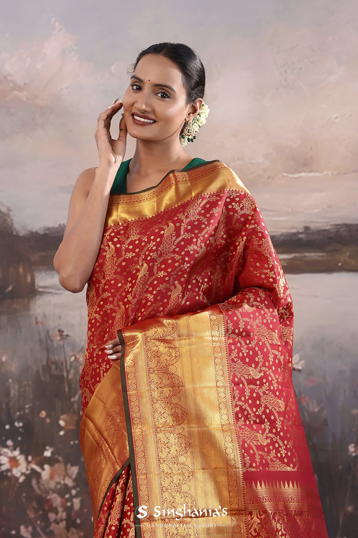 <img> Dark Red Kanjivaram Silk Saree With Peacock Motifs