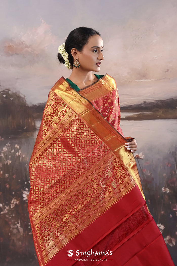 <img> Dark Red Kanjivaram Silk Saree With Peacock Motifs