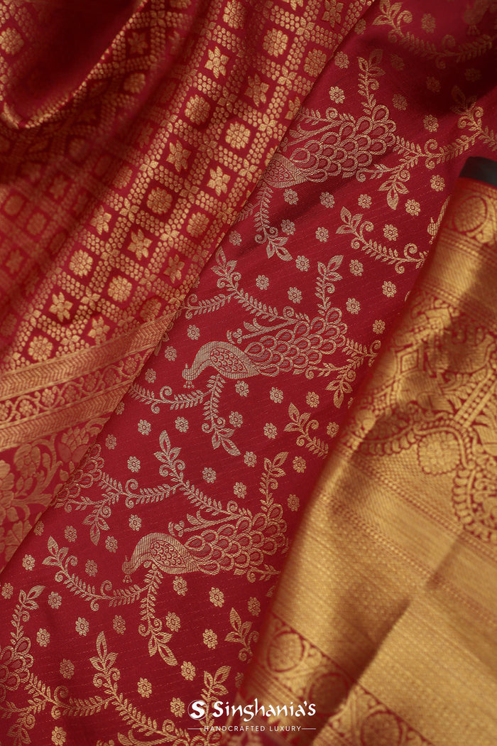 <img> Dark Red Kanjivaram Silk Saree With Peacock Motifs