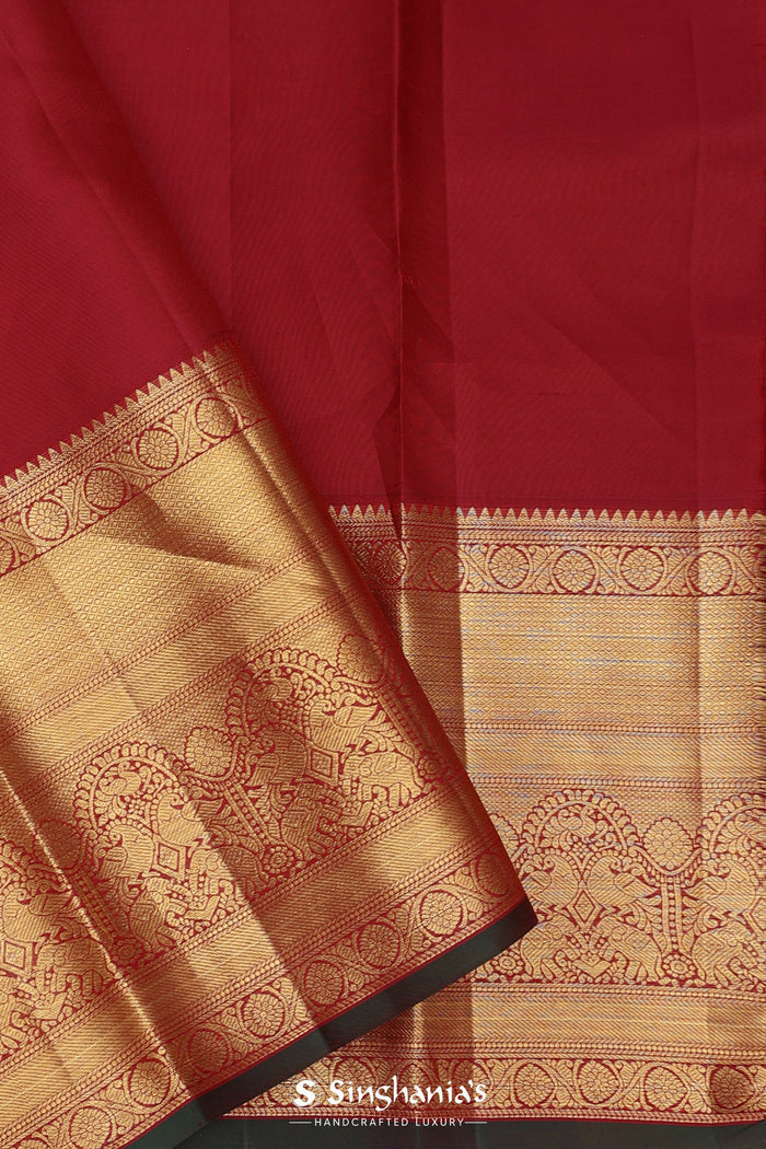 <img> Dark Red Kanjivaram Silk Saree With Peacock Motifs