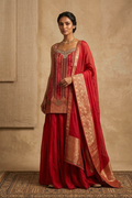 Dark Red Tissue Silk Embroidered Sharara Set