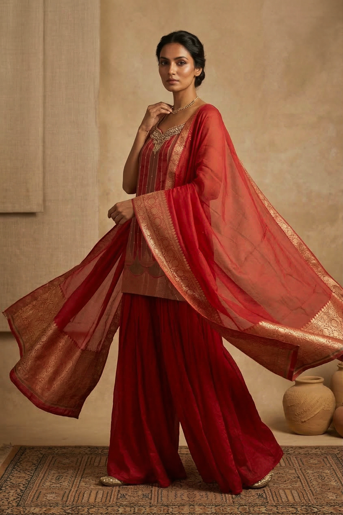Dark Red Tissue Silk Embroidered Sharara Set