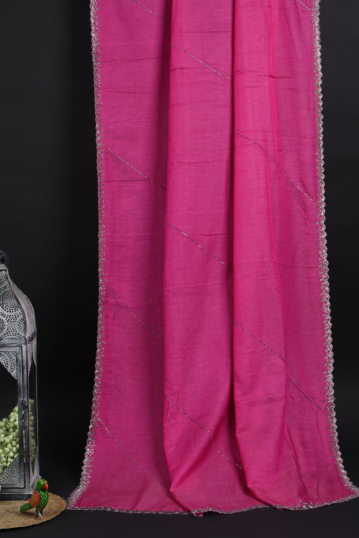 Dark Rose Pink Embroidered Silk Saree