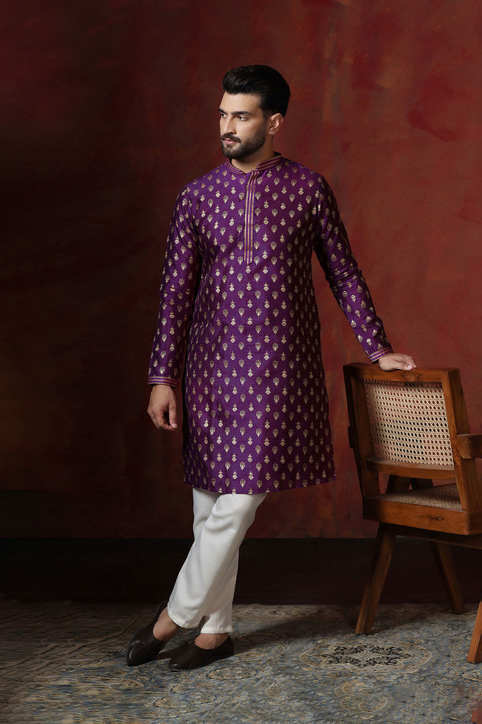 Dark Royal Purple Dupion Printed Kurta Set