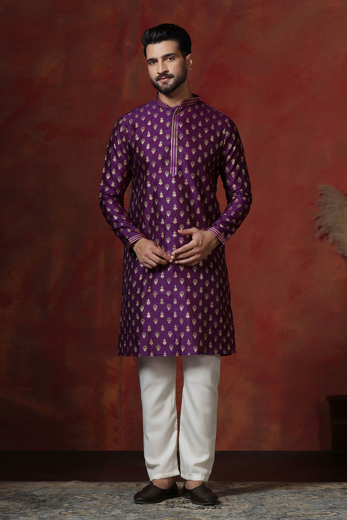 Dark Royal Purple Dupion Printed Kurta Set