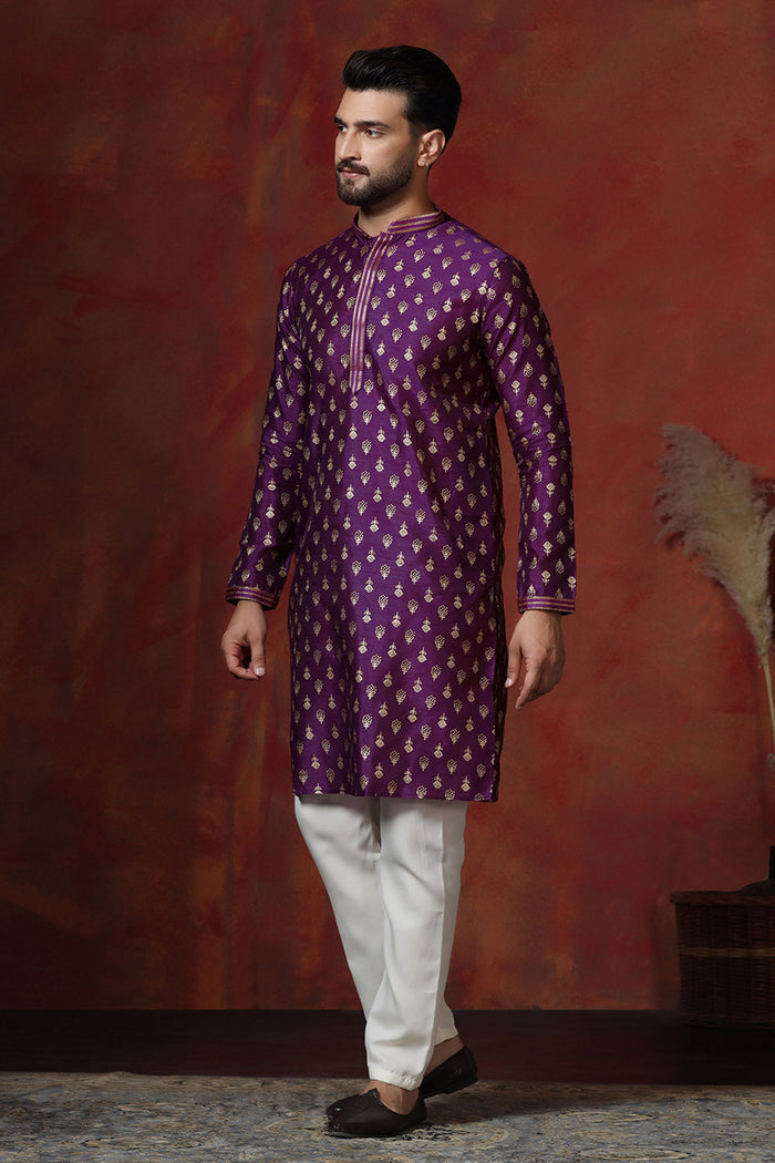 Dark Royal Purple Dupion Printed Kurta Set