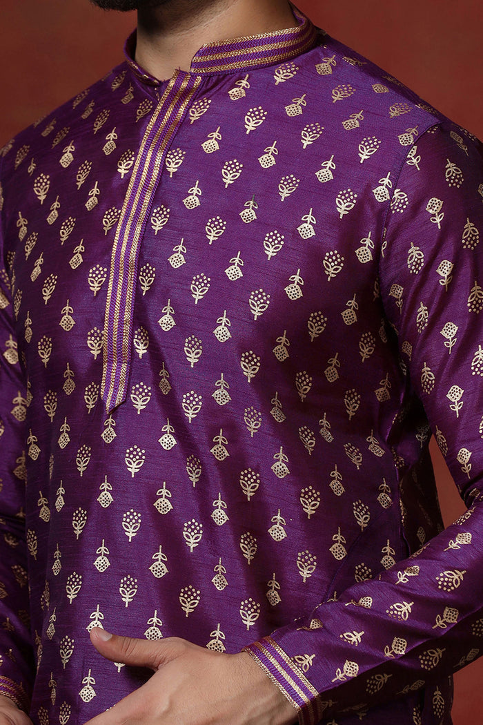 Dark Royal Purple Dupion Printed Kurta Set