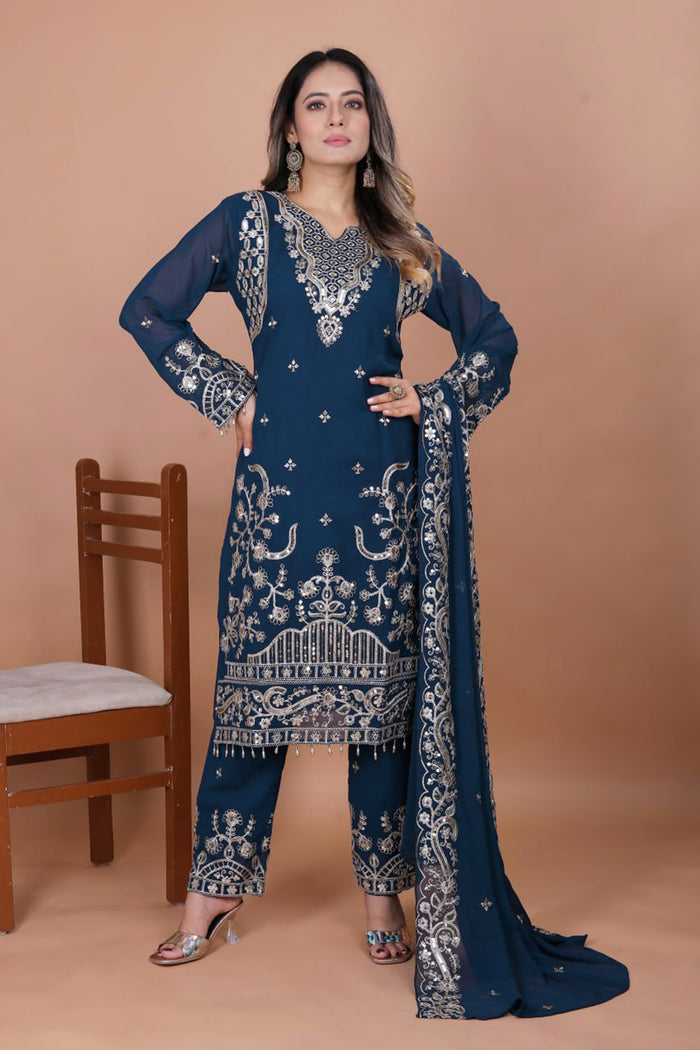 Dark Teal Blue Floral Embroidered Georgette Kurta Set