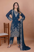Dark Teal Blue Floral Embroidered Georgette Kurta Set