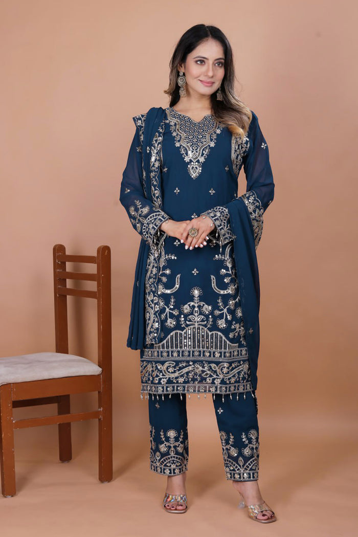 Dark Teal Blue Floral Embroidered Georgette Kurta Set