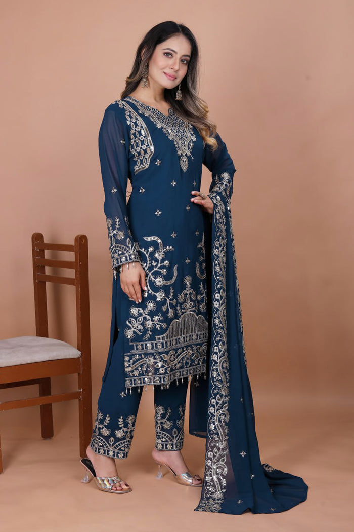 Dark Teal Blue Floral Embroidered Georgette Kurta Set
