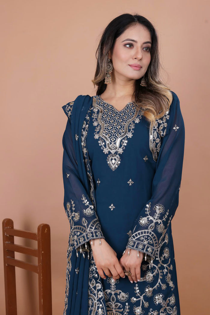 Dark Teal Blue Floral Embroidered Georgette Kurta Set