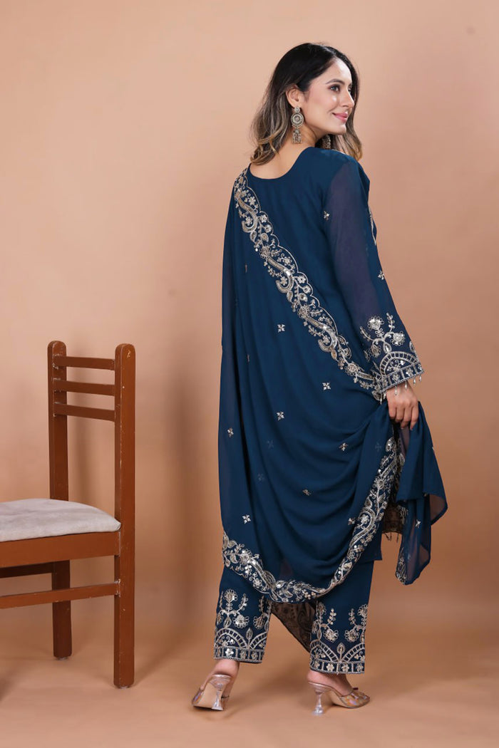 Dark Teal Blue Floral Embroidered Georgette Kurta Set