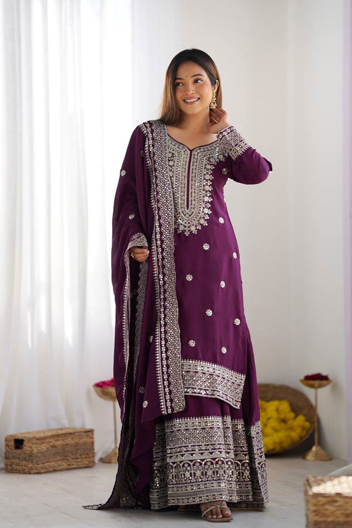 Dark Wine Floral Embroidered Silk Sharara Set