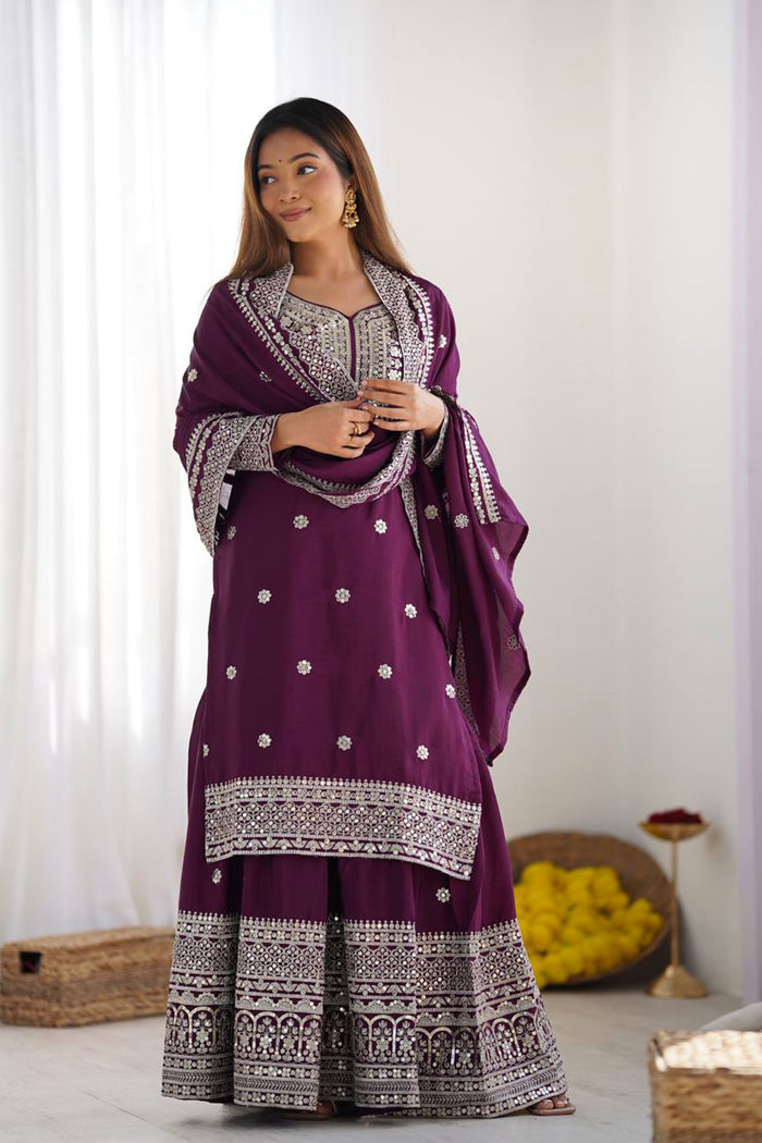 Dark Wine Floral Embroidered Silk Sharara Set