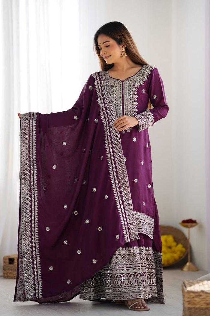 Dark Wine Floral Embroidered Silk Sharara Set