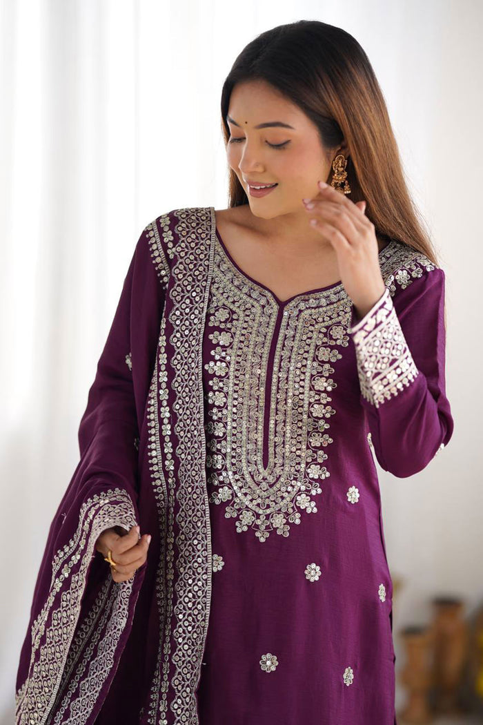 Dark Wine Floral Embroidered Silk Sharara Set
