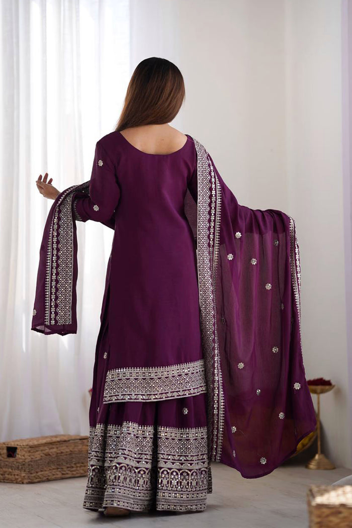 Dark Wine Floral Embroidered Silk Sharara Set