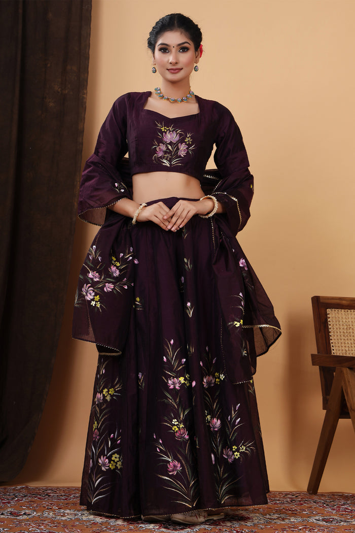<img> Dark Wine Hand Painted Floral Chanderi Lehenga Set