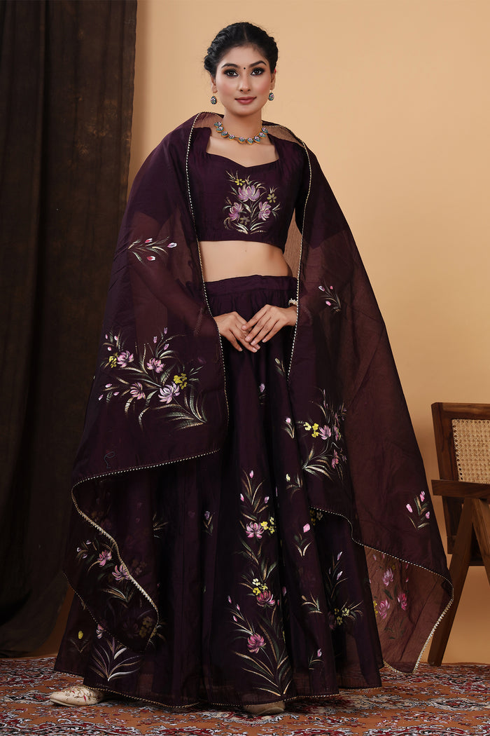 <img> Dark Wine Hand Painted Floral Chanderi Lehenga Set