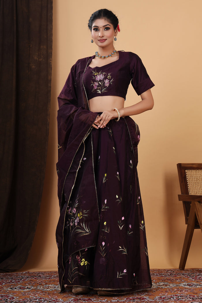 <img> Dark Wine Hand Painted Floral Chanderi Lehenga Set