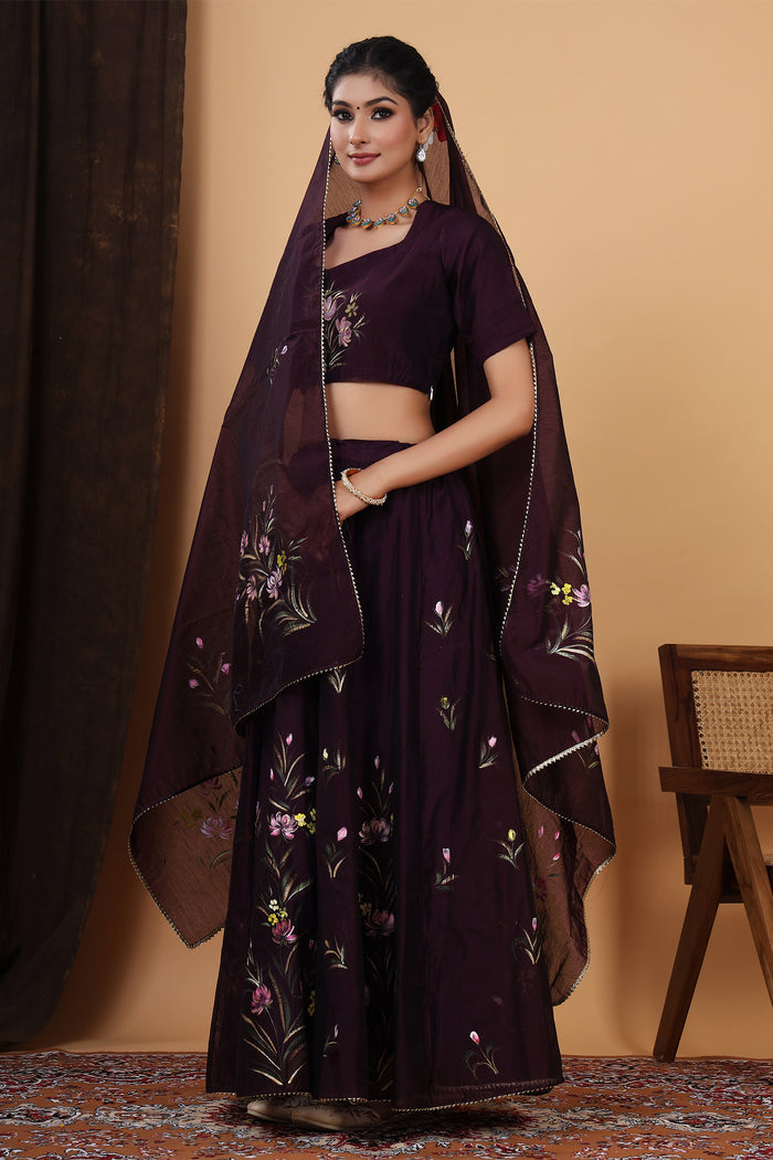 <img> Dark Wine Hand Painted Floral Chanderi Lehenga Set