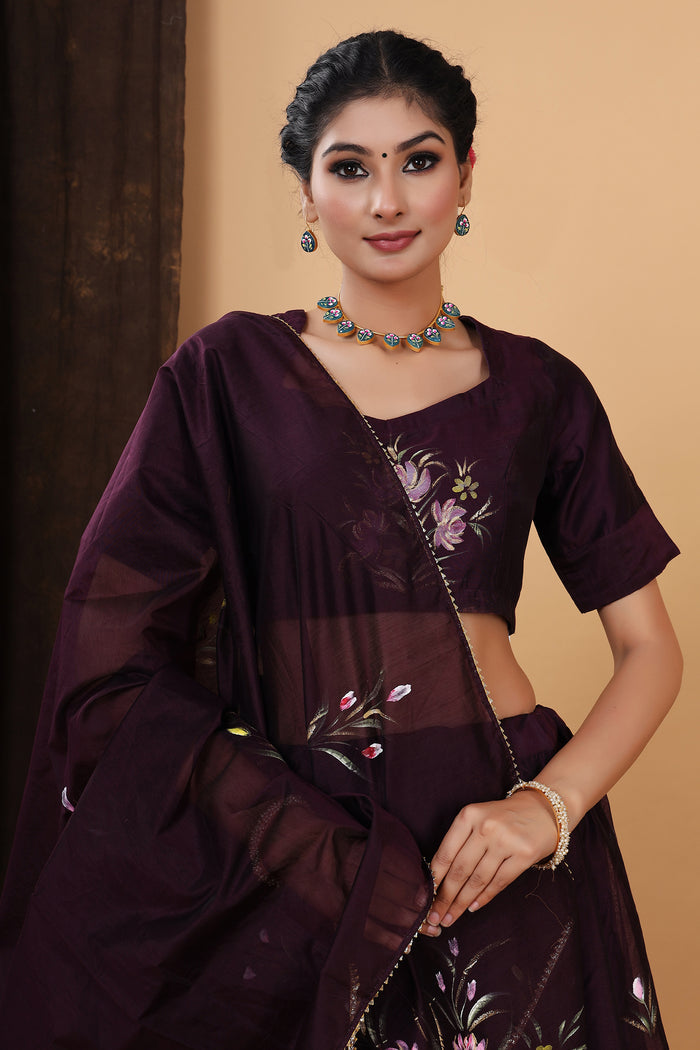 <img> Dark Wine Hand Painted Floral Chanderi Lehenga Set