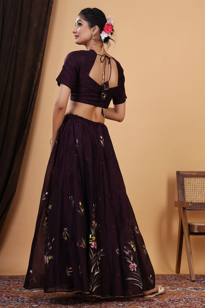 <img> Dark Wine Hand Painted Floral Chanderi Lehenga Set