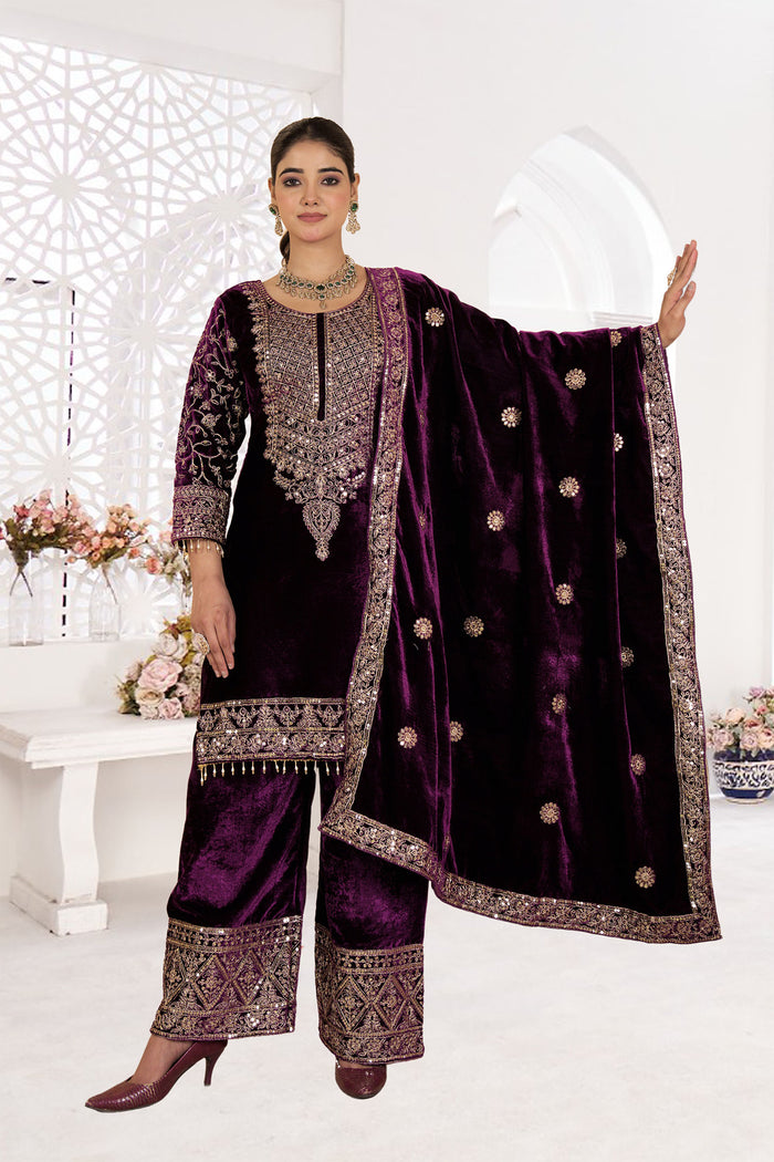 Dark Wine Velvet Embroidered Kurti Set