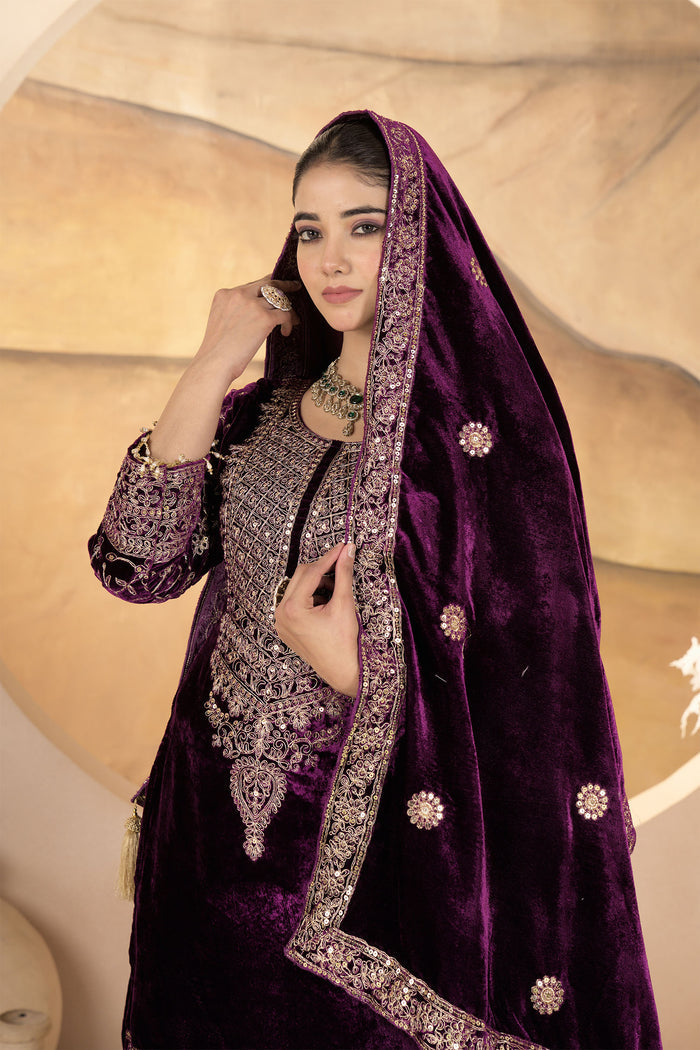 Dark Wine Velvet Embroidered Kurti Set