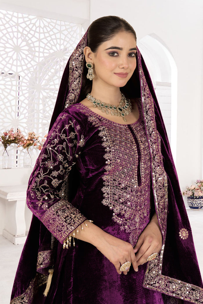 Dark Wine Velvet Embroidered Kurti Set