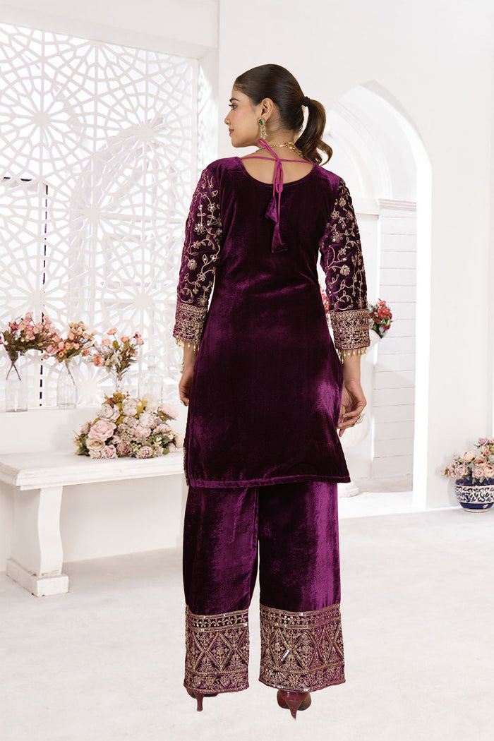 Dark Wine Velvet Embroidered Kurti Set