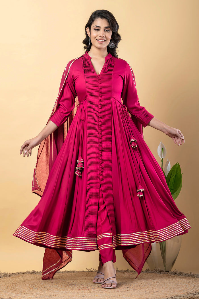 Debian Red Rayon Gota Work Anarkali Set