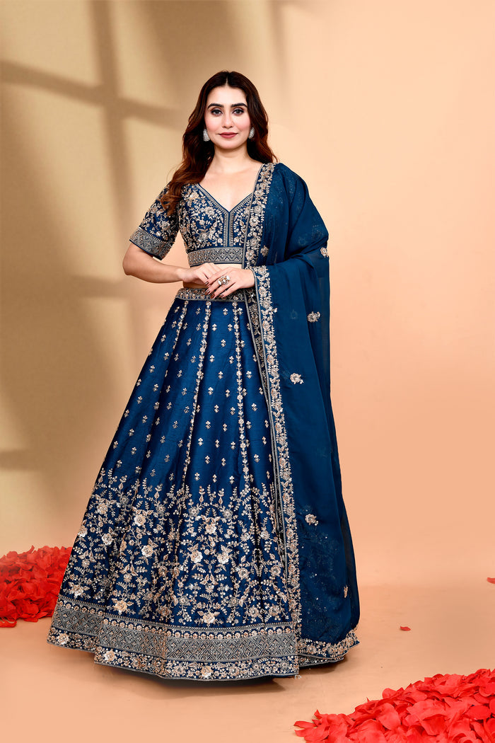 Deep Blue Raw Silk Embroidered Lehenga Set