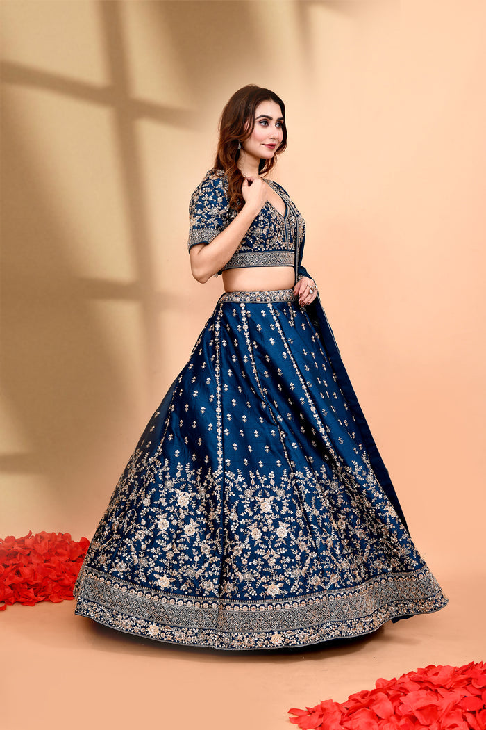 Deep Blue Raw Silk Embroidered Lehenga Set