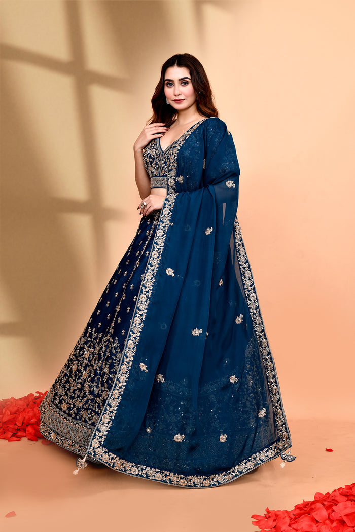 Deep Blue Raw Silk Embroidered Lehenga Set