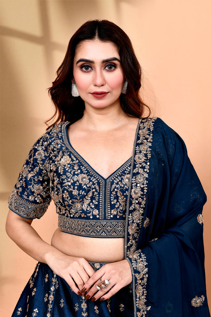 Deep Blue Raw Silk Embroidered Lehenga Set